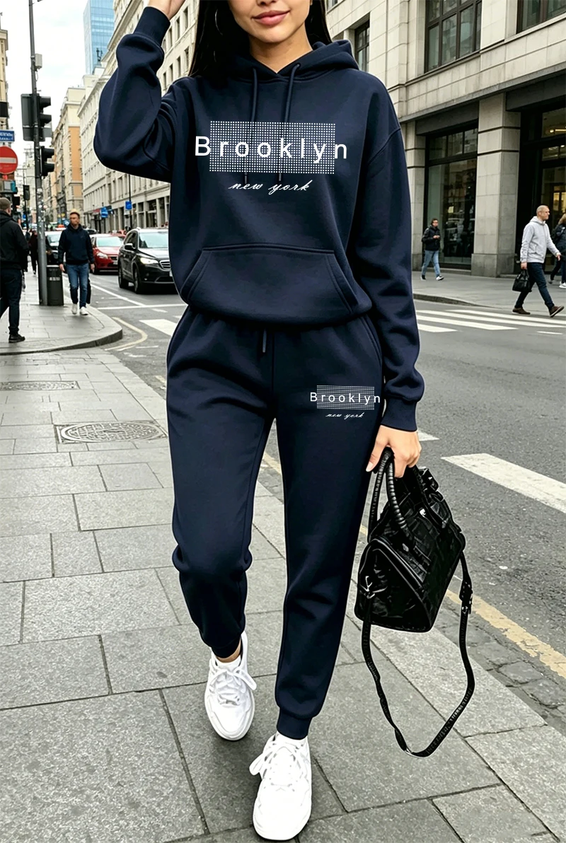 Winter Clothing Fashion - Kadın Eşofman Takımı Baskılı Günlük Kapüşonlu